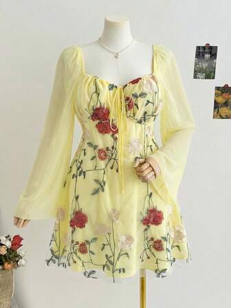 Soleia Plus Size Women's Romantic Floral Embroidered Mesh A-Line Mini Dress With Bell Sleeves, Suitable For Spring Vacation