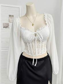 Comfortcana 大码女式灯笼袖蕾丝拼接方领垫肩衬衫，浪漫约会派对必备，白色，秋冬款 - 白色 - 查看 12