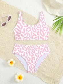 Tween Girl Leopard Print 2 Pieces Swimsuit Set, Beach Vacation Kids Bikini Set High Waist Swimsuits For Teen Girls Cheetah Print Tween Leopard Swimsuit Tweens Cheetah Print Bathing Suits Tween Girl Swimsuit Two Piece - Multicolor - View 3