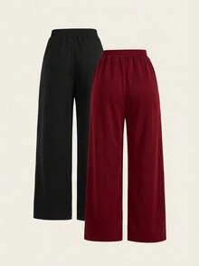 SHEIN EZwear Set de 2 pantalones en tallas grandes, color negro y burdeos - Burdeos - Ver 2