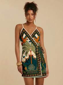 Travachic Casual Minimalist Vacation Bohemian Elegant Retro Parrot & Palm Tree Pattern Olive Green & Beige Print, Comfortable Loose Tie-Up Strap Mini Dress For Women, Suitable For Spring/Summer Tropical Print Dress Resort Dress Tropical Vacation Dress Spring - White - View 3