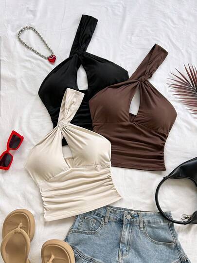 Soleia 3pcs Sexy One-Shoulder Hollow-Out Backless Women's Tops Set, Suitable For Vacation, Music Festival, Bohemian, Holiday, Date, Afternoon Tea, Crochet, Linen