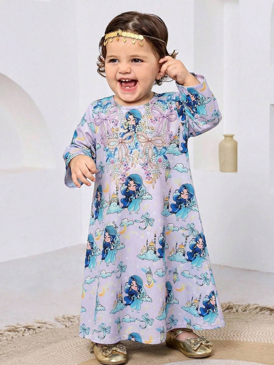 Baby Girls Cute Cartoon Print Long Sleeve Dress - Multicolor - View 1