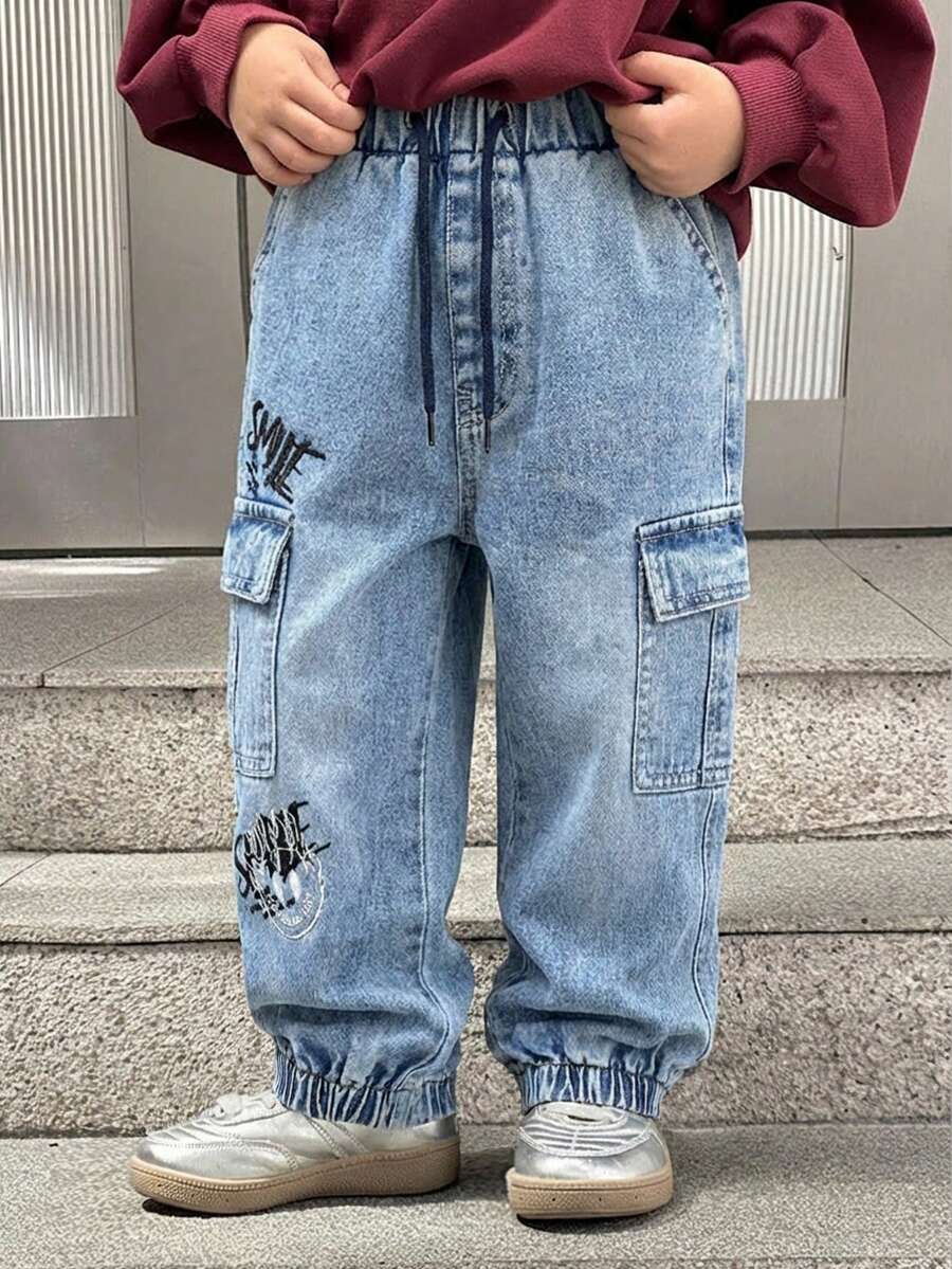 Pantalones jogger de niños con cintura con cordón - Azul lavado medio - Ver 1