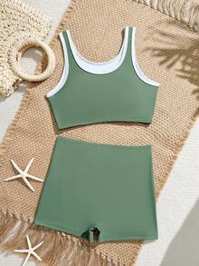 SHEIN Plus Size Girls' Olive Green & White Contrast Color Tank Top And Shorts 2pcs Comfortable Cute Stretchy Swimsuit Set Tween Girls Green Swimsuit Girls Two Piece Bathing Tween Swim Suites Two Piece Longer Top Teens Tween Green Bathing Suit Preteen Bathing Suit Green Set - Dark Green - View 2