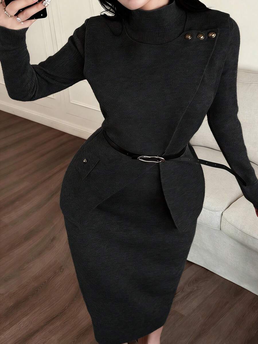 DAZY 女士纯色无袖连衣裙和毛衣两件套，秋冬季 - 黑色 - 查看 1