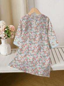 Đầm dài tay cổ chữ V dáng rộng, in hoa truyền thống cho bé gái, thích hợp mặc mùa xuân và mùa hè, thoải mái, mặc thường ngày. - Nhiều màu - Xem 3