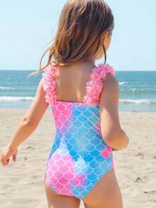 Young Girls Mermaid Print Cute Ruffle One-Piece Swimsuit, Casual Beach Vacation, Swimwear For Sisters Photo Shoot - Pink - View 1