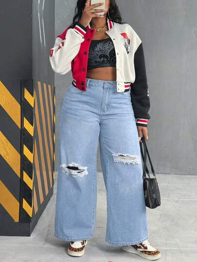 SHEIN CURVE+ Jeans cargo de pierna recta holgados y desgastados sin estiramiento para mujer de talla grande, azul claro