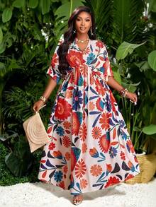 Brilight Vestido de mujer con estampado floral digital, volantes y mangas de murciélago, para vacaciones de verano y viajes casuales, conjunto de playa - Multicolor - Ver 1