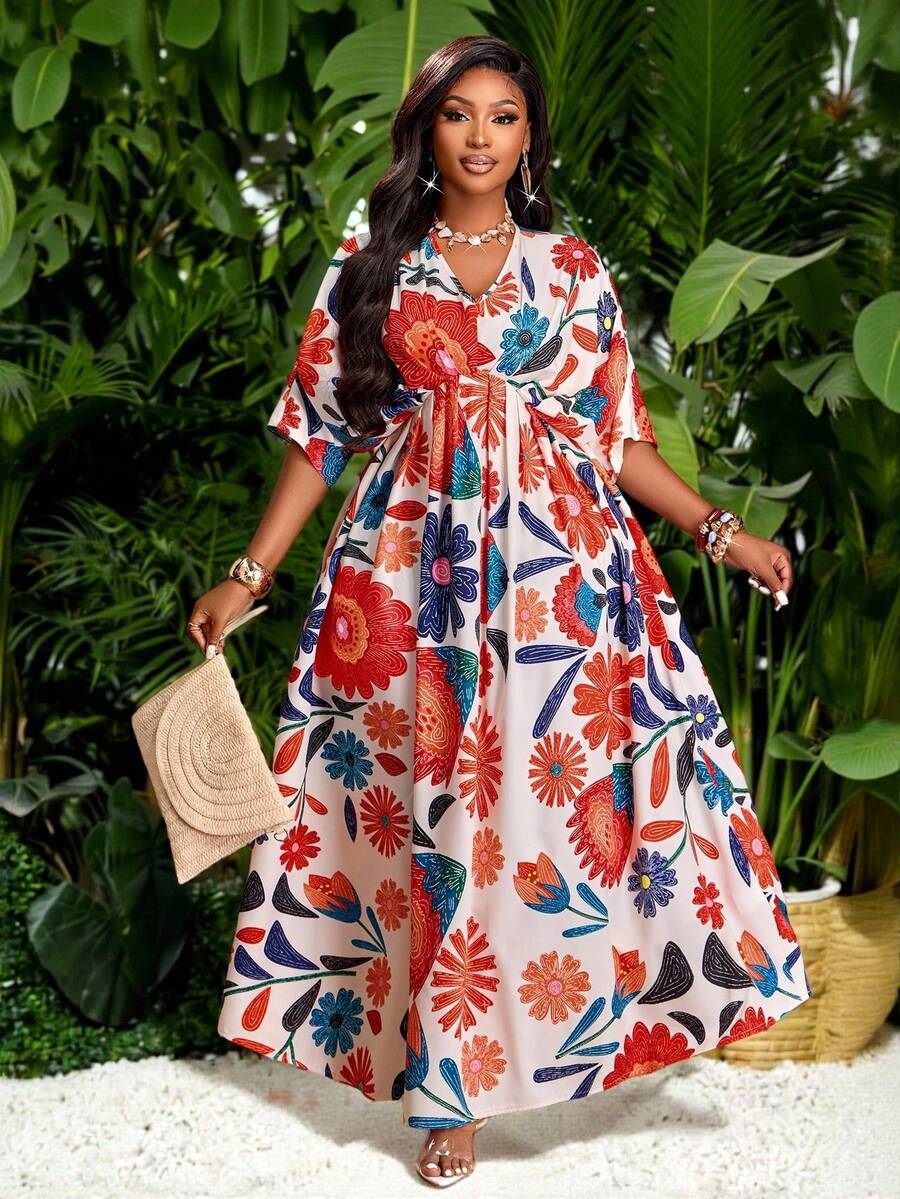 Brilight Vestido de mujer con estampado floral digital, volantes y mangas de murciélago, para vacaciones de verano y viajes casuales, conjunto de playa - Multicolor - Ver 1
