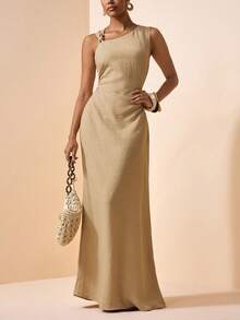 Zivah 2026春夏新款音乐节、复活节、圣帕特里克节、情人节、约会、西部风、游牧风、生日派对、毕业典礼、大学、学生、日常穿着、百搭基础款、休闲、度假、邮轮旅行、海滩、日光浴、爆款、街头风、婚礼宾客波西米亚风、通勤、早午餐、机场、派对、假日郊游、办公室穿着无袖不对称领口收腰A字型长裙,杏色亚麻面料 - 杏色 - 查看 6