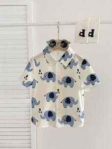 Boys' Casual Loose Comfortable Daily Wear Short Sleeve Shirt, Classic Cute Cartoon Elephant Print, Suitable For Spring/Summer - Multicolor - View 1