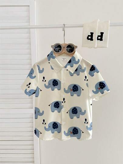 Pojkskjorta för vardagsbruk, lös och bekväm, kortärmad, klassiskt sött elefantmönster, lämplig för vår/sommar