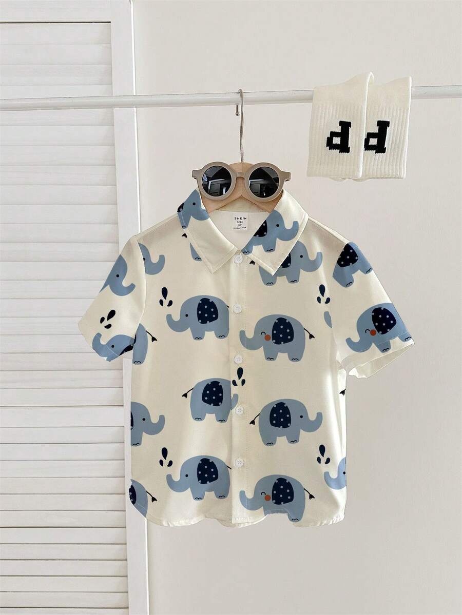 Boys' Casual Loose Comfortable Daily Wear Short Sleeve Shirt, Classic Cute Cartoon Elephant Print, Suitable For Spring/Summer - Multicolor - View 1