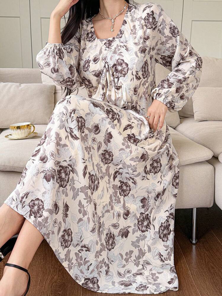 Women's Floral Print Lantern Sleeve Elegant Dress, Suitable For Vacation Maxi Dress Sundress Boho