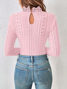 SHEIN Frenchy Guipure 成人蕾丝拼接镂空刺绣高领T恤连体衣 - 淺粉色 - 查看 2