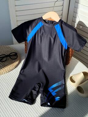 SHEIN Young Boy Colorblock Casual Sports Pattern One-Piece Swimsuit, Suitable For Beach, Swimming, Surfing