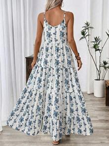 Balvessa Women's Floral Print Ruffle Hem Spaghetti Strap A-Line Dress, Vacation - Blue and White - View 2