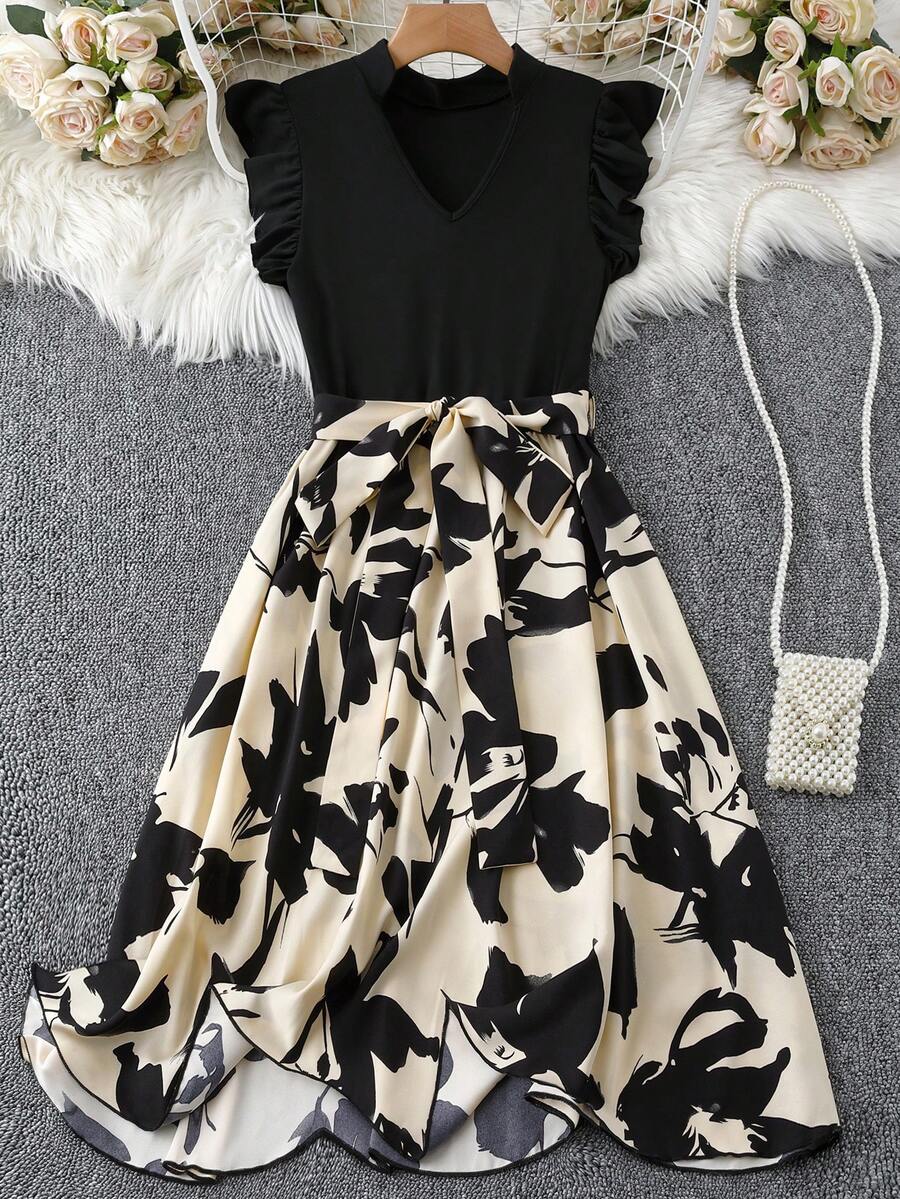 GlowEve CURVE 大码女式夏季休闲度假印花荷叶边袖口系带连衣裙 - 黑色 - 查看 1