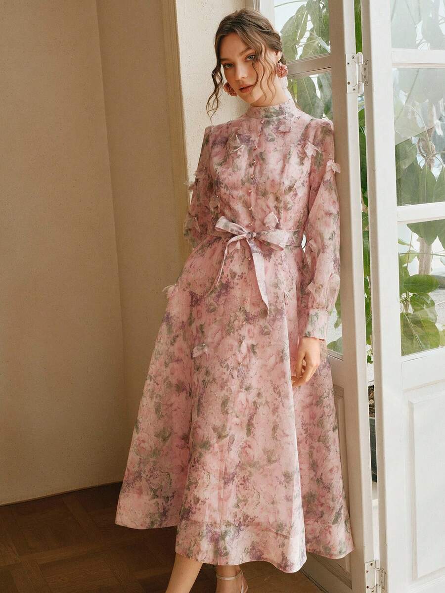 Anewsta Romantic Floral Print Decor Stand Collar Long Sleeve Dress With Belt, Suitable For Valentine's Day & Vacation - Multicolor - View 1