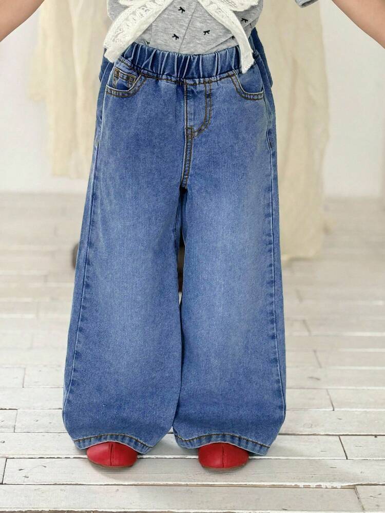 SHEIN Little Byeori 年轻女孩可爱大蝴蝶结后背牛仔休闲阔腿裤，春夏休闲度假乡村波西米亚风装 - 中等水洗藍 - 查看 5