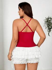 Sunnyshic Plus Size Women Summer Fashion Contrast Lace Sexy Camisole Top - Red - View 6