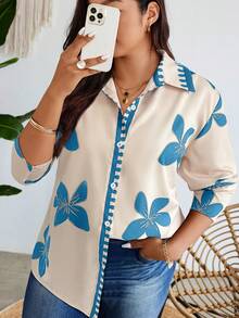 EMERY ROSE Plus Size Front Button Floral Print Casual Long Sleeve Shirt - Multicolor - View 3