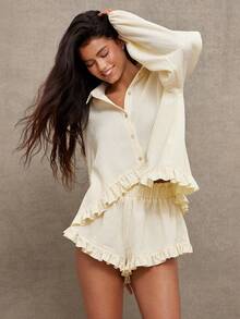 WESTFADE 条纹梭织翻领纽扣前开襟高低荷叶边衬衫和高腰A字荷叶边短裤 - 彩色 - 查看 4