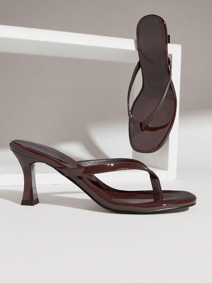 SHUZIA Women's Minimalist Fashion Comfy Round Toe Stiletto Thong Sandals - Chocolate Brown - View 1