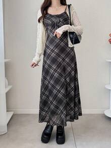 FRIFUL 网眼格纹吊带背心，腰部喇叭下摆，休闲百搭连衣裙 - 黑色 - 查看 3