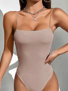 GENKIRA Women Summer Solid Skinny Cami Bodysuit - Dusty Pink - View 5