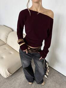SHEIN BAE Atasan Crop Top Wanita Kasual dengan Hem Asimetris, Warna Polos, Musim Semi/Gugur - Merah tua - View 4