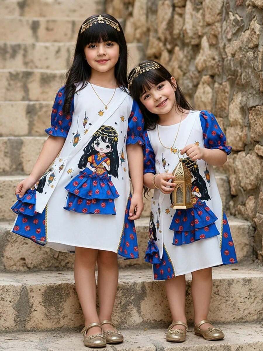 SHEIN 少女春夏套装：碎花泡泡袖连衣裙 + 同款超大斜挎包，传统灯笼复古印花套装，姐妹装，传统阿拉伯服饰 - 长袍、长袍、罩袍 - 彩色 - 查看 1