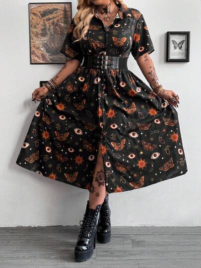 Whyspr Fashionable Shirt Collar Short Sleeve Printed Dress