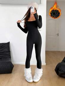 SHEIN Tall Women's Winter Streetwear Athleisure Ski Wear Warm/ Cold Weather/ Thermal Stretchy Comfortable Black Slim Fit Long Sleeve Square Neck Long Thermal Lined Romper,Fall Long Sleeve Jumpsuit Bodycon Jumpsuit - Black - View 2
