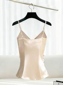 Lyxana Women's Solid Color Ruched Scoop Neck Elegant Camisole - Apricot - View 2