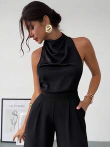 SHEIN PETITE CURVE 大码优雅纯色露背吊带露背系带上衣，夏季，露背吊带衫，露背上衣，黑色吊带背心，女士夏季装，情人节女士装，狂欢节女士服装，派对，婚礼及活动，优雅女士衬衫，黑色衬衫 - 黑色 - 查看 8