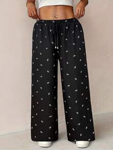 Vionelle Plus Size Casual Black Straight Leg Cropped Pants With Random Print And Pockets Woven Fabric - Black - View 3