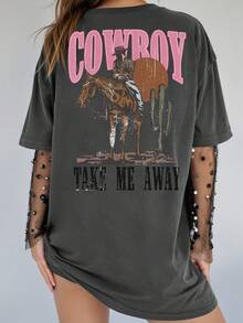 SHEIN EZwear Camiseta de cuello redondo de estilo occidental con estampado de letras en tallas grandes - Gris Oscuro - Ver 3
