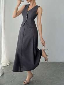 DAZY Women's Elegant Commuter Solid Color Vest & Skirt 2 Pieces Set, Summer - Black - View 3