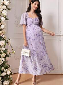 SHEIN 优雅印花孕妇通勤连衣裙 - 淡紫色 - 查看 1