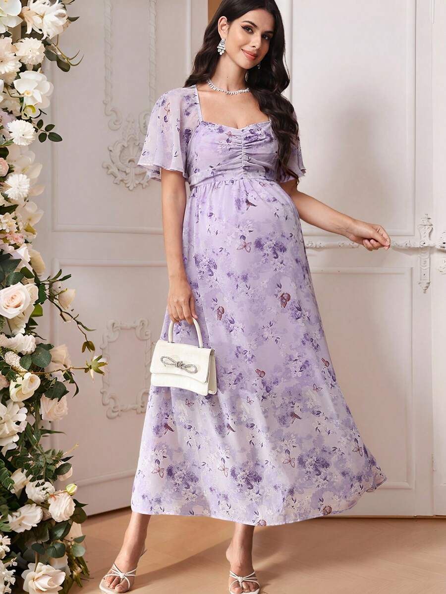 SHEIN 优雅印花孕妇通勤连衣裙 - 淡紫色 - 查看 1