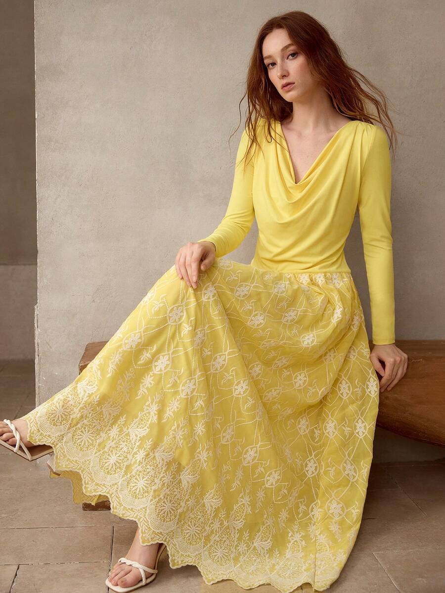 MOTF PREMIUM 长款针织拼接刺绣垂褶领连衣裙，春夏款 - 黃色 - 查看 1