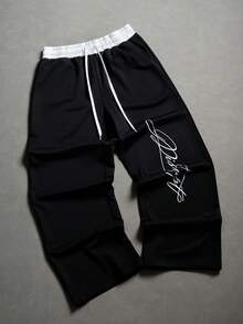 PAVTROS 男士抽绳腰带口袋星形刺绣图案休闲运动裤，适合秋冬季节穿着，百搭男士阔腿裤，双面设计刺绣裤，街头风长裤，情人节、春夏、送男友、狂欢节、复古、街头风、派对、圣帕特里克节、外出等场合。 - 黑色 - 查看 3