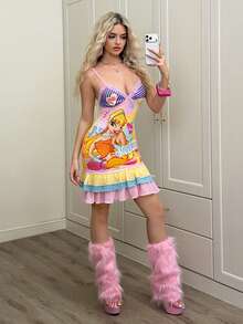 The Winx X SHEIN Women's Y2K Cartoon Figure Graphic Ruffle Hem Camisole Dress, Summer - Pink - View 5