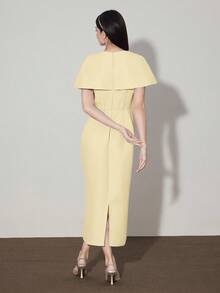 Modelyn 女士优雅中长连衣裙，饰有3D立体花卉纹理 - 鵝黃色 - 查看 6