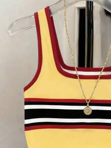 Resyla Striped Regular Fit Women Rider Print Round Neck Fitted Tank Top - Yellow - View 3