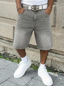 Manfinity EMRG Spring Casual Street High-Grade Gray Loose Straight Leg Jeans Shorts With Metal Rivets Studded Denim Shorts - Grey - View 5