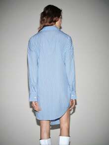 Lumivelle 女士优雅通勤条纹系腰短袖迷你连衣裙 - 藍白色 - 查看 2